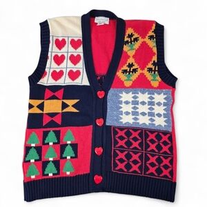 Vintage 70s/80s Sweater Loft Patchwork Knit Christmas Vest Women Small USA Made